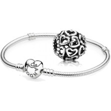 Pandora, set regalo originale, 1 braccialetto in argento con cuore e chiusura 590719 e 1 charm in argento “Apri il tuo cuore”