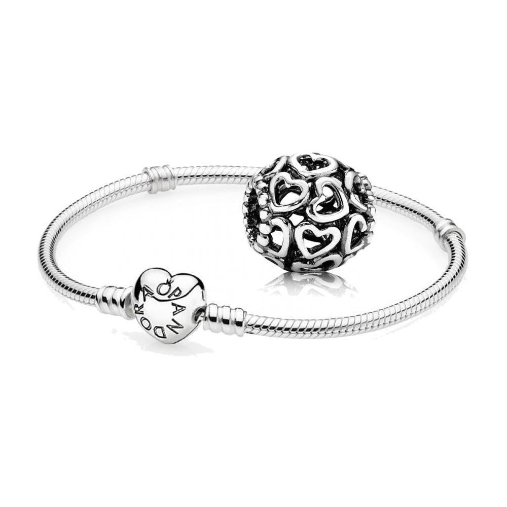 Pandora, set regalo originale, 1 braccialetto in argento con cuore e chiusura 590719 e 1 charm in argento “Apri il tuo cuore”