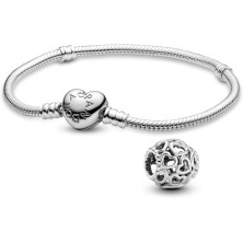 Pandora, set regalo originale, 1 braccialetto in argento con cuore e chiusura 590719 e 1 charm in argento “Apri il tuo cuore”