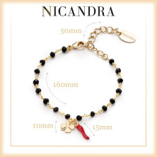 NICANDRA Bracciale Porta Fortuna Cristalli Neri Cornetto Scaccia Malocchio Quadrifoglio Oro - Regolabile Fino A 22cm Busta e