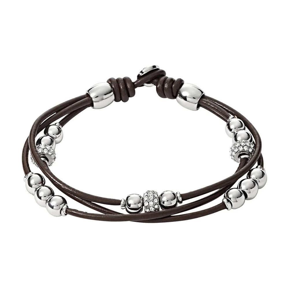 Fossil Bracciale da Donna in Vera Pelle e Perline in Acciaio Inossidabile