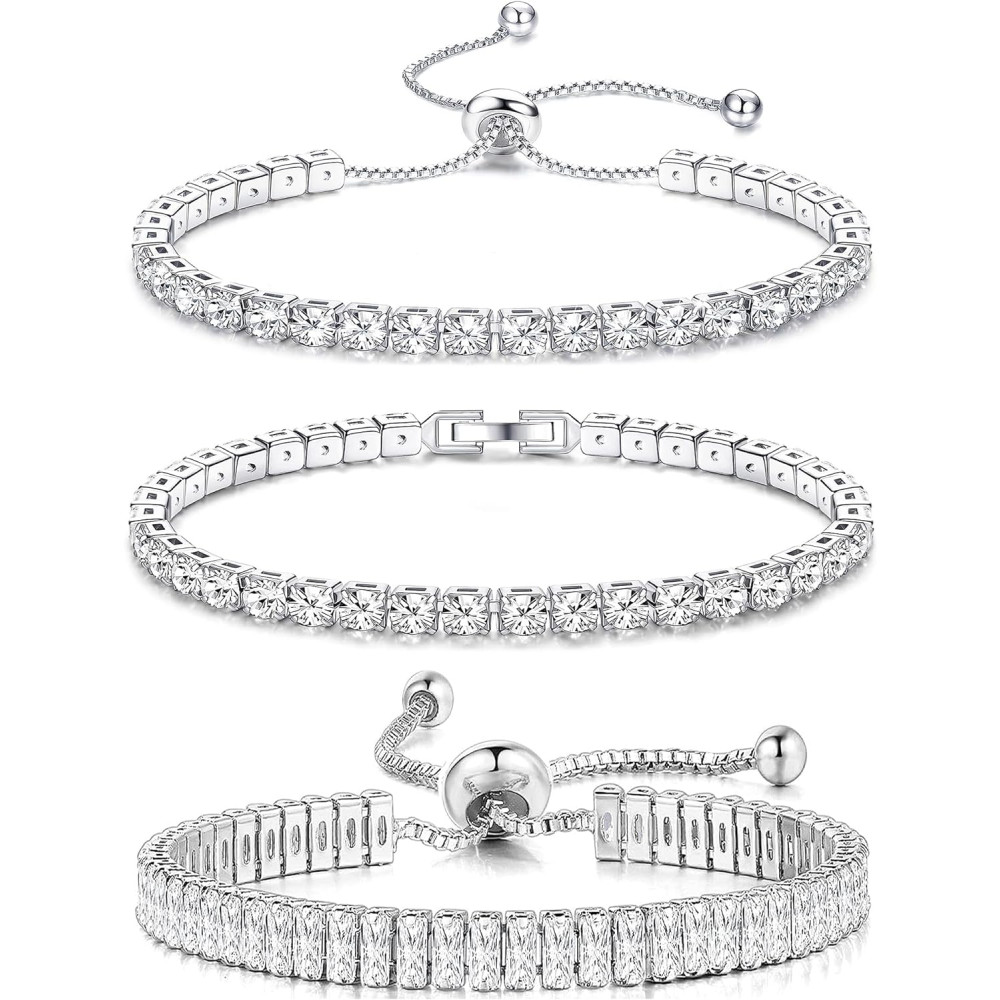 JeweBella 3PCS Bracciale Tennis Argento per Donna Bracciale Regolabile in Zirconi Set di Bracciali Cristalli Classici Diamanti