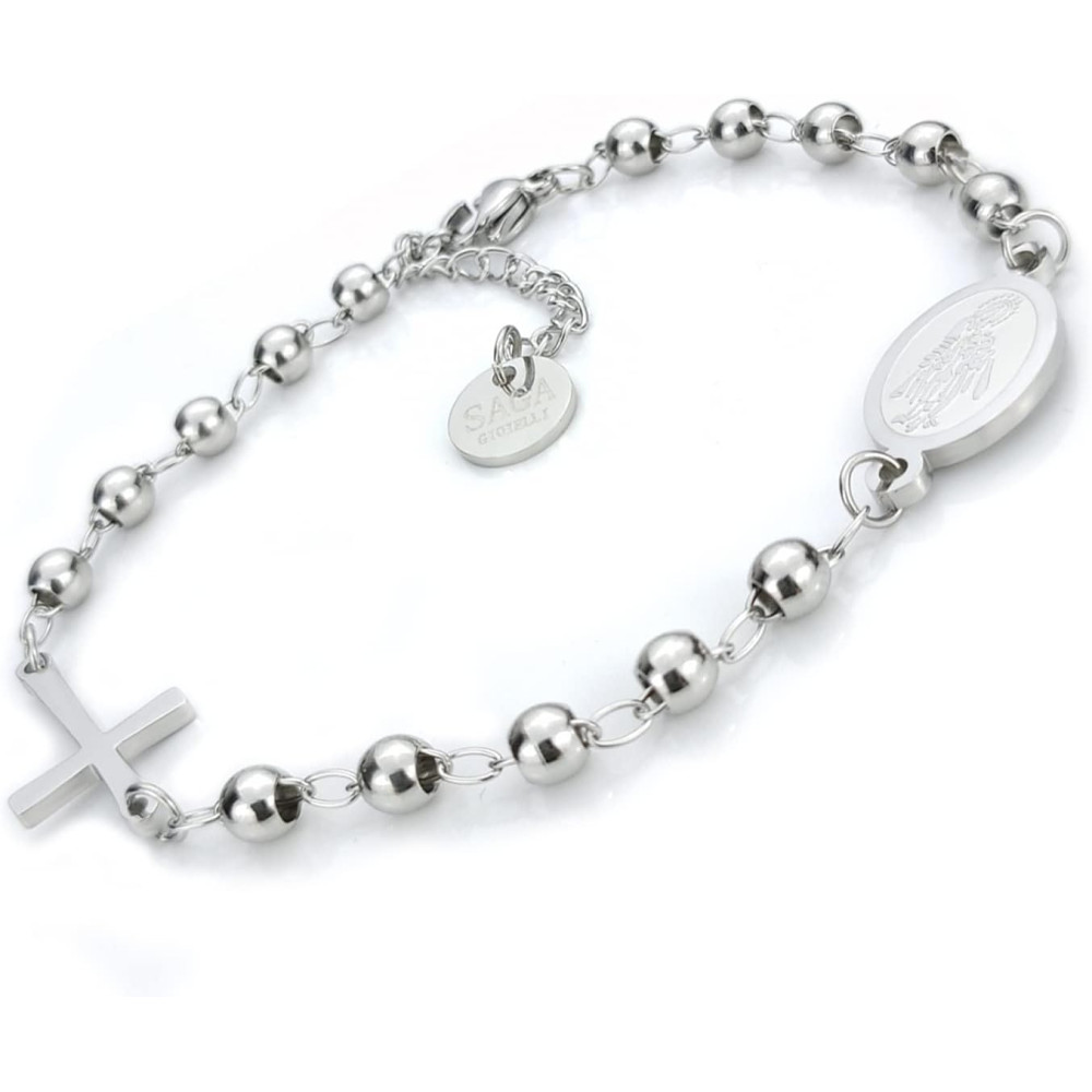 SAGA GIOIELLI® Bracciale Uomo Donna Rosario Argento Acciaio