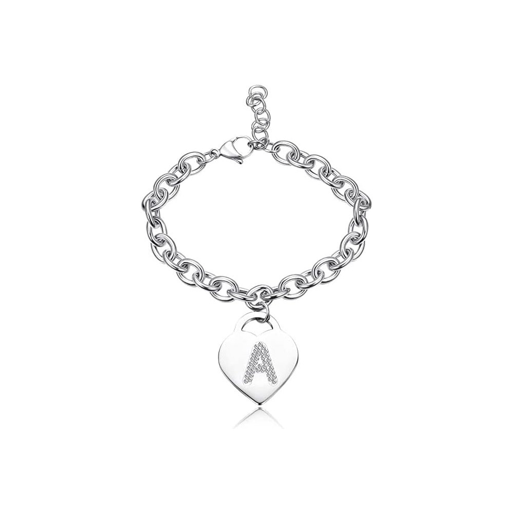 Bracciale con lettera iniziale donna con STRASS in acciaio con lettera NOME - charm cuore e cristalli argento - alfabeto -