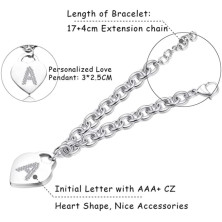 Bracciale con lettera iniziale donna con STRASS in acciaio con lettera NOME - charm cuore e cristalli argento - alfabeto -