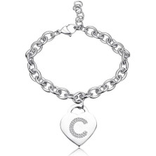 Bracciale con lettera iniziale donna con STRASS in acciaio con lettera NOME - charm cuore e cristalli argento - alfabeto -