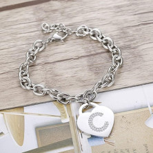 Bracciale con lettera iniziale donna con STRASS in acciaio con lettera NOME - charm cuore e cristalli argento - alfabeto -