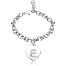 Bracciale con lettera iniziale donna con STRASS in acciaio con lettera NOME - charm cuore e cristalli argento - alfabeto -