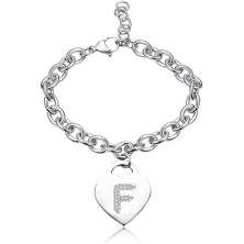 Bracciale con lettera iniziale donna con STRASS in acciaio con lettera NOME - charm cuore e cristalli argento - alfabeto -