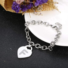 Bracciale con lettera iniziale donna con STRASS in acciaio con lettera NOME - charm cuore e cristalli argento - alfabeto -