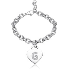 Bracciale con lettera iniziale donna con STRASS in acciaio con lettera NOME - charm cuore e cristalli argento - alfabeto -