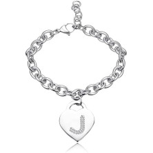 Bracciale con lettera iniziale donna con STRASS in acciaio con lettera NOME - charm cuore e cristalli argento - alfabeto -