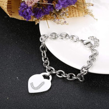 Bracciale con lettera iniziale donna con STRASS in acciaio con lettera NOME - charm cuore e cristalli argento - alfabeto -