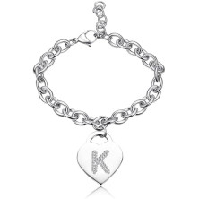 Bracciale con lettera iniziale donna con STRASS in acciaio con lettera NOME - charm cuore e cristalli argento - alfabeto -