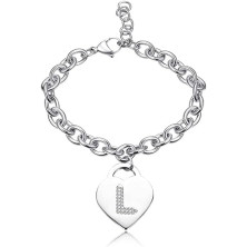 Bracciale con lettera iniziale donna con STRASS in acciaio con lettera NOME - charm cuore e cristalli argento - alfabeto -