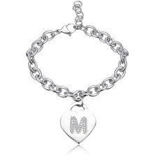 Bracciale con lettera iniziale donna con STRASS in acciaio con lettera NOME - charm cuore e cristalli argento - alfabeto -