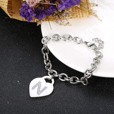 Bracciale con lettera iniziale donna con STRASS in acciaio con lettera NOME - charm cuore e cristalli argento - alfabeto -