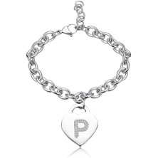 Bracciale con lettera iniziale donna con STRASS in acciaio con lettera NOME - charm cuore e cristalli argento - alfabeto -