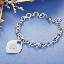 Bracciale con lettera iniziale donna con STRASS in acciaio con lettera NOME - charm cuore e cristalli argento - alfabeto -