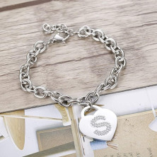 Bracciale con lettera iniziale donna con STRASS in acciaio con lettera NOME - charm cuore e cristalli argento - alfabeto -