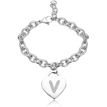 Bracciale con lettera iniziale donna con STRASS in acciaio con lettera NOME - charm cuore e cristalli argento - alfabeto -