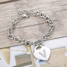 Bracciale con lettera iniziale donna con STRASS in acciaio con lettera NOME - charm cuore e cristalli argento - alfabeto -