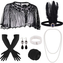 ELECLAND 10 Pezzi Flapper Anni '20 Grande Gatsby Accessori Set Moda Anni '20 Tema Set con Fascia Copricapo Guanti Neri Lunghi