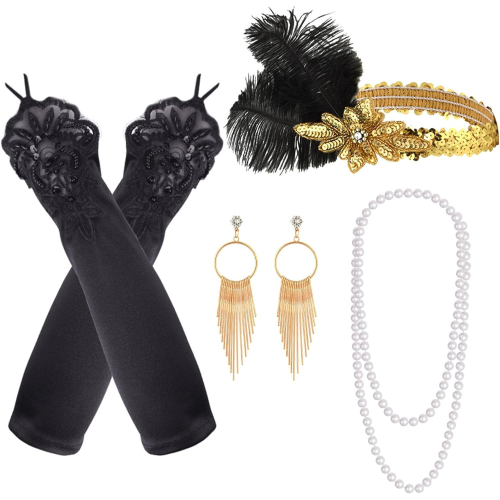 FEPITO 1920 Accessori Set Flapper Cerchietto per collana Orecchini Lunghi guanti neri Boa Porta sigarette Accessori per feste a