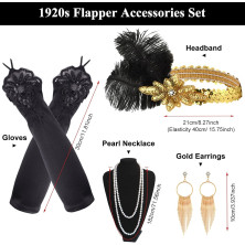 FEPITO 1920 Accessori Set Flapper Cerchietto per collana Orecchini Lunghi guanti neri Boa Porta sigarette Accessori per feste a