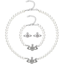 Lucktao 3 pezzi Planet Collana di perle da donna,bracciali,orecchini,Collana di perle artificiali Saturno bianche,con perle di