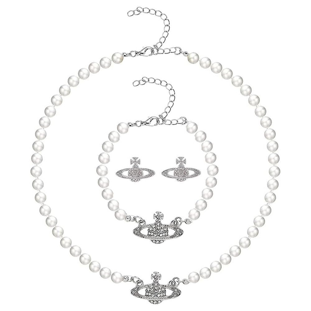 Lucktao 3 pezzi Planet Collana di perle da donna,bracciali,orecchini,Collana di perle artificiali Saturno bianche,con perle di