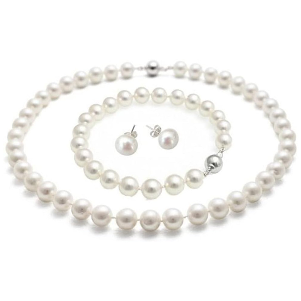 TreasureBay Set bracciale e orecchini a forma di patata per donna, collana di perle d'acqua dolce bianche, 8-9 mm, (bianco)