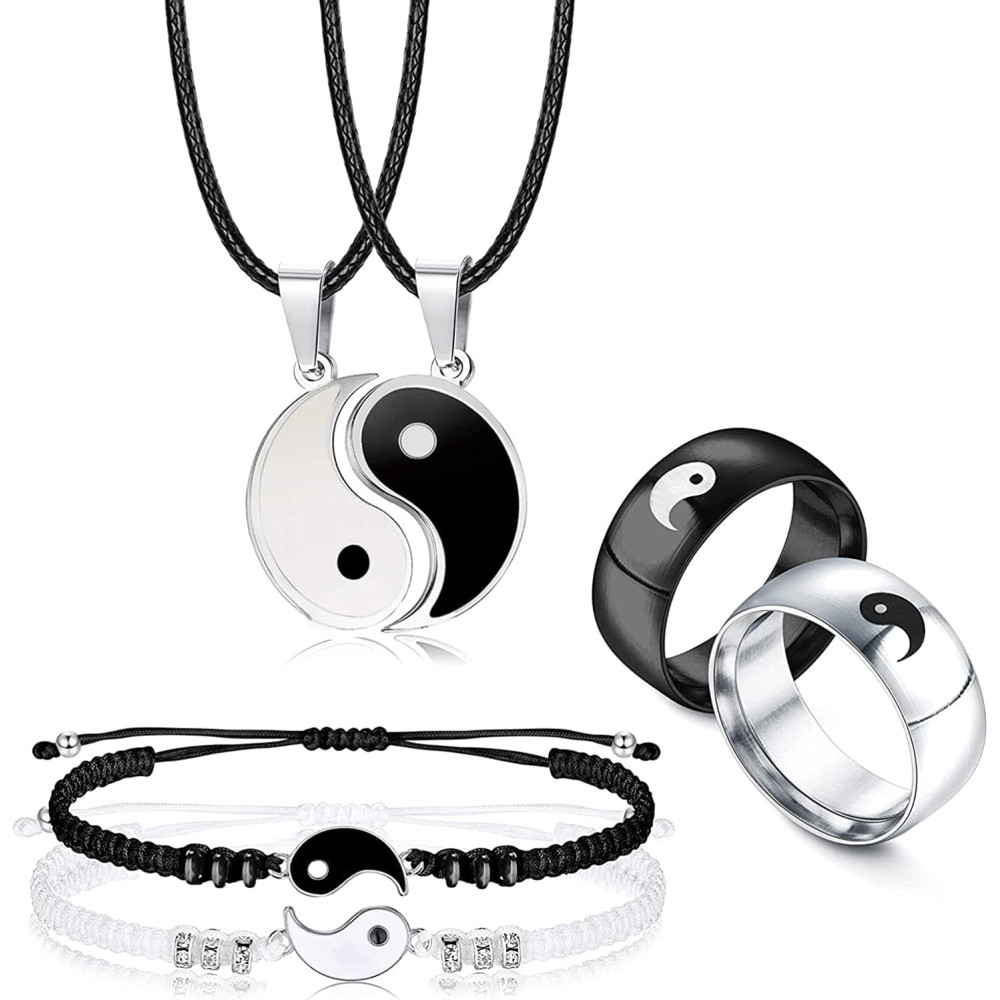 LOLIAS 6 Pezzi Collana Yin Yang Bracciali Anelli Set Coppia Collana Bracciale Anelli per Lui e Lei Collana Yin Yang Abbinata