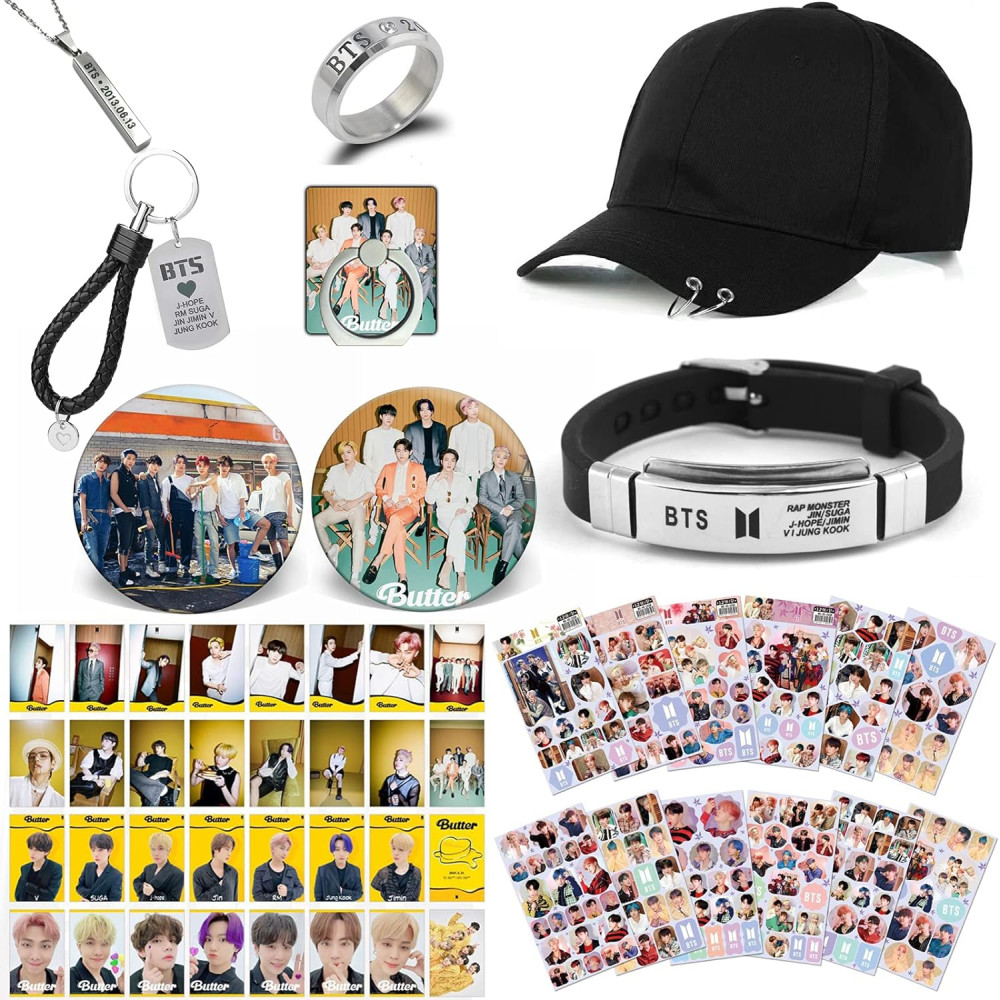 Kpop BTS Merchandise Gift Set for Army, BTS Butter Photocard, adesivi, cappello, bracciale, anelli, collana con ciondolo, spilla