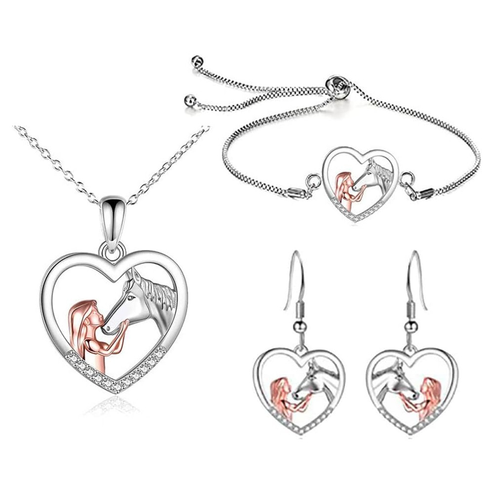 TOFBS Collana Ragazza e Cavallo Orecchini e Bracciale Parure Gioielli Pendente Cuore in Argento Collana Set Regali per Donna