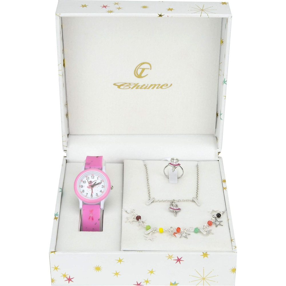 BELLOS Cofanetto Orologio Ragazza Rosa- Parure di gioielli Ballerino - Collana-Anello- Cinturino