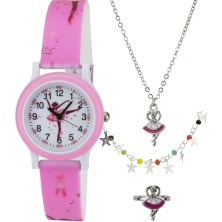 BELLOS Cofanetto Orologio Ragazza Rosa- Parure di gioielli Ballerino - Collana-Anello- Cinturino