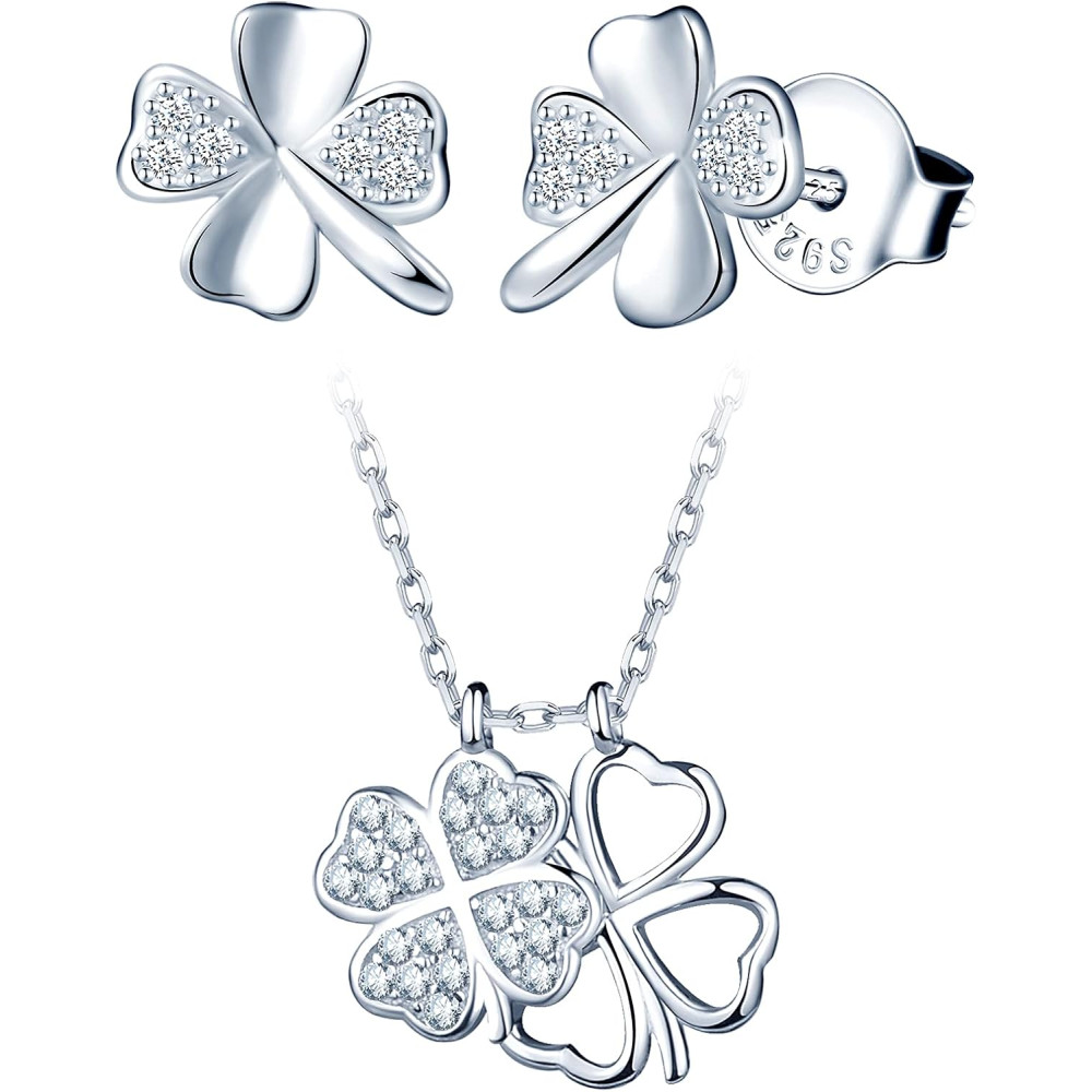 Yumilok Collane da donne Collana con trifoglio fortunato S925 Orecchini a perno in argento sterling, orecchini a perno con set