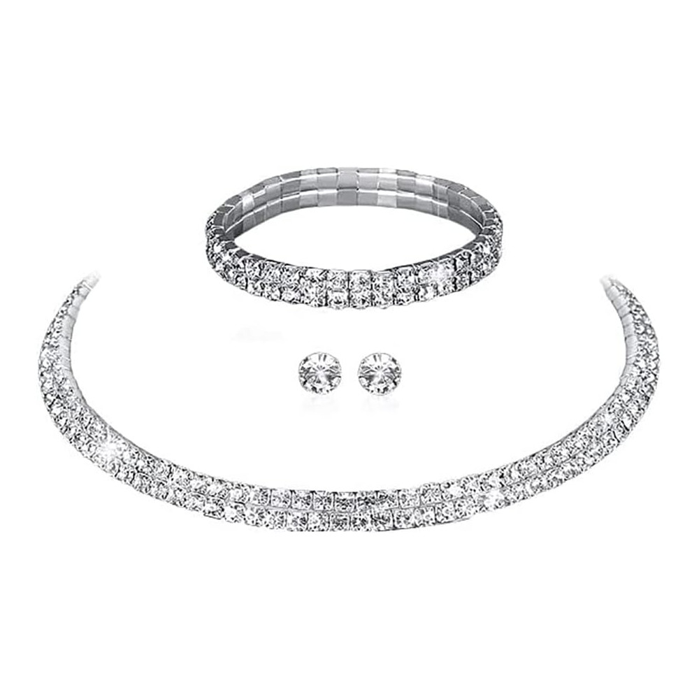 Wedity Collana di cristallo da sposa Orecchini d'argento Bracciale Set Collane girocollo da sposa Gioielli da sposa per donne e