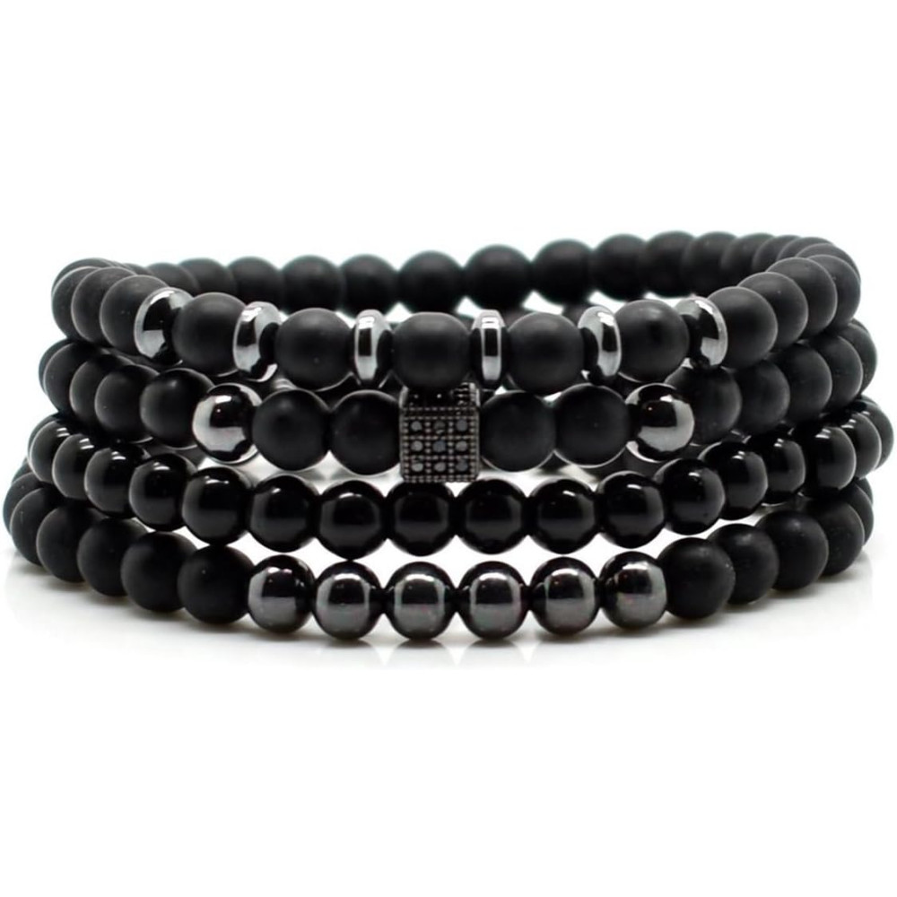 New Mauro Vinci Bracciale di perle da uomo nero set 6 mm - onice nero pietra naturale confezione regalo bracciale uomo perline