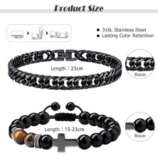 Dochais 2pcs Bracciale Uomo Acciaio,Bracciale Uomo Argenteo Nero, Bracciali Uomo Lunghezza 21cm/23cm,Braccialetti Braccialetto