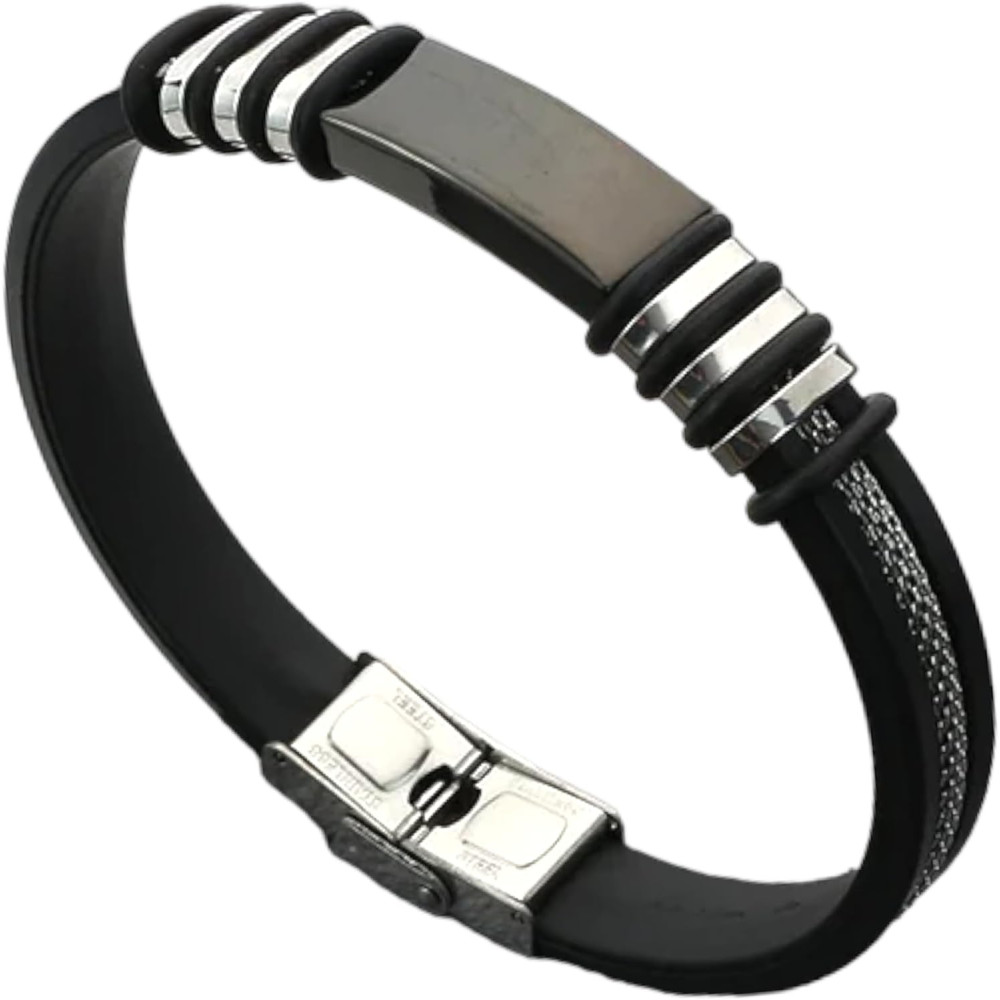 RedfoxX Bracciale da uomo in acciaio inox, nero, 21,5 cm, in silicone, stile punk, per uomo, idea regalo per uomo