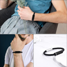 VGROSIA Bracciale Uomo Pelle Nera Intrecciata, Bracciali Uomo Cuoio con Fibbia Magnetica Braccialetto Uomo, Regalo Per Lui San