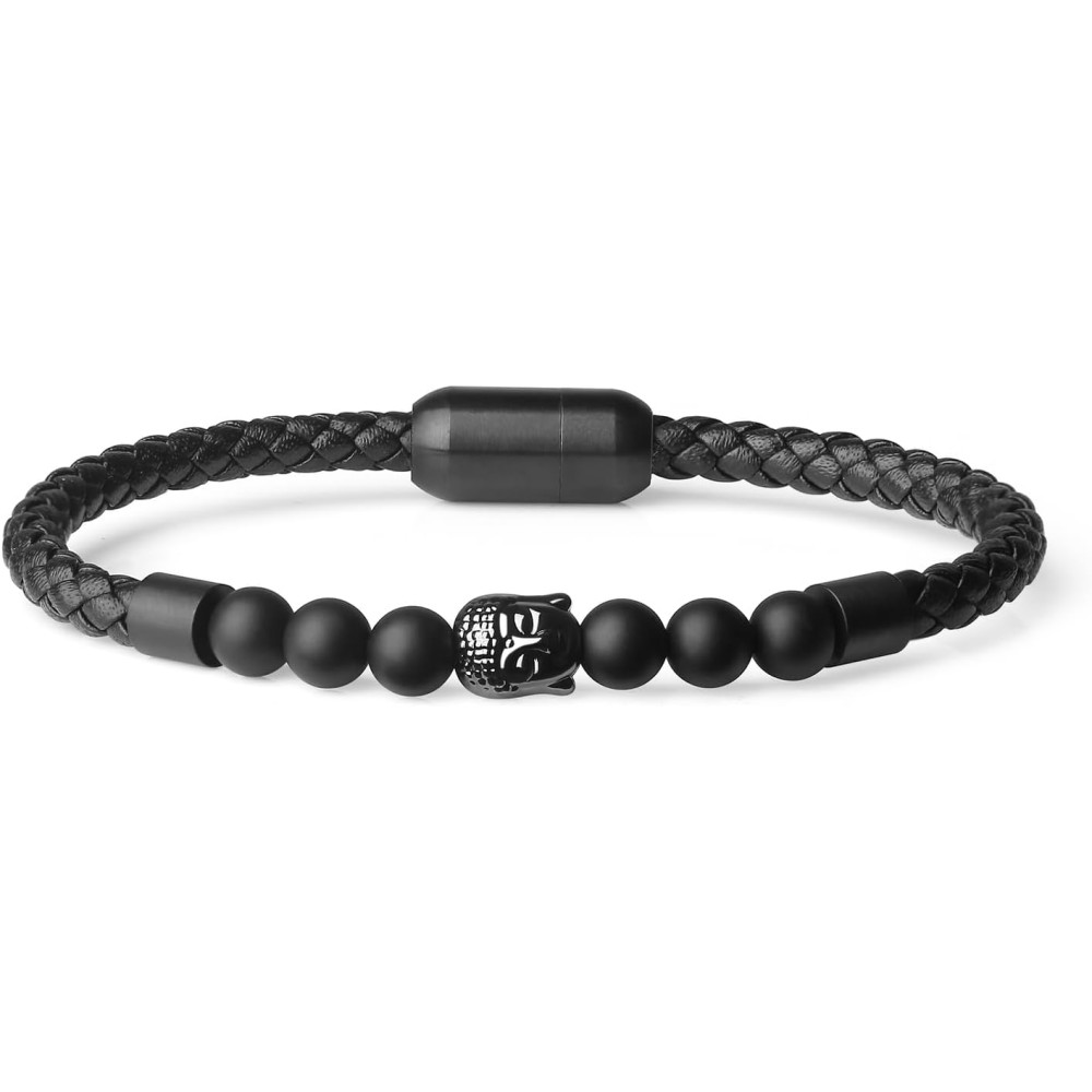 COAI Bracciale Buddha da Uomo In Pelle con Perline di Onice Opaco