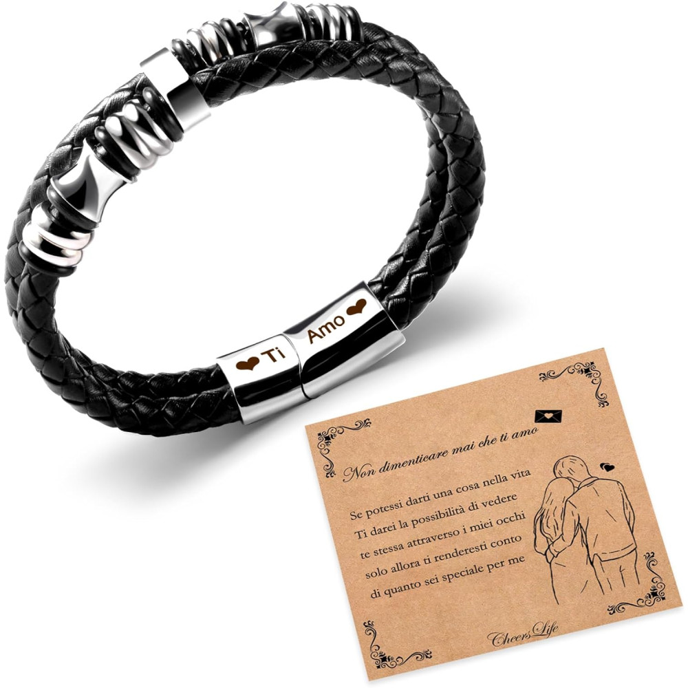 CheersLife San Valentino Regalo Uomo Regalo per Marito Idee Regalo Uomo Bracciale In Pelle Intrecciata In Acciaio Inossidabile