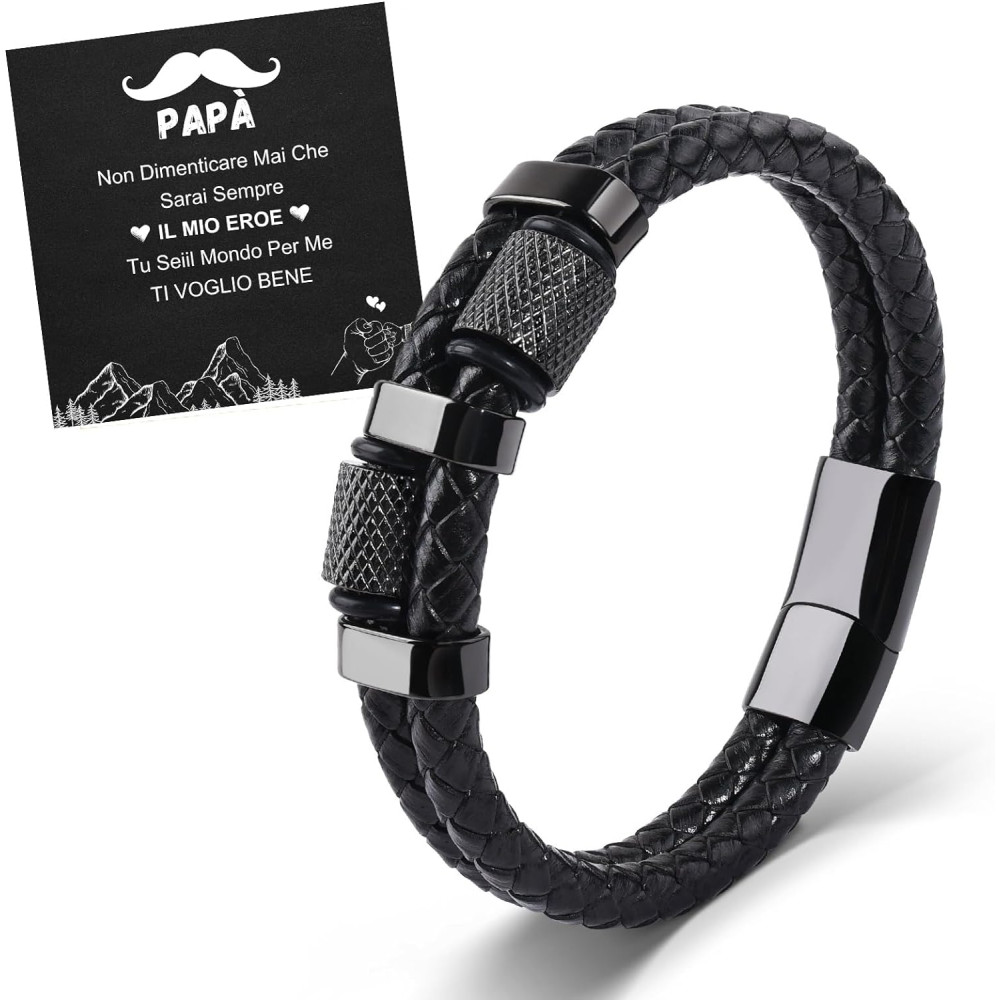 TERRISHE Bracciale per Papà, Regalo Papà Bracciale Uomo in Pelle Nera e Intrecciato con Chiusura Magnetica in Acciaio Inox,