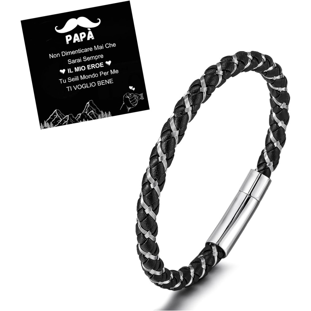 TERRISHE Bracciale per Papà, Regalo Papà Bracciale Uomo in Pelle Nera e Intrecciato con Chiusura Magnetica in Acciaio Inox,