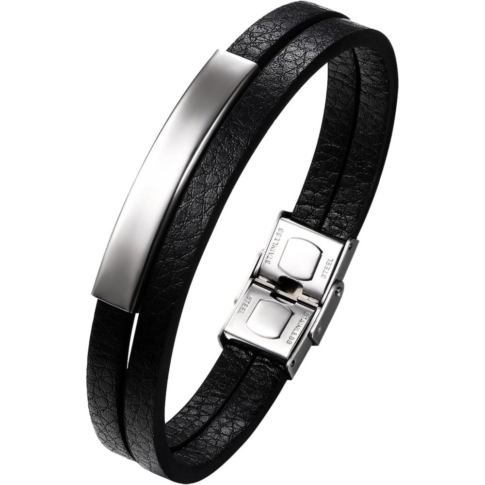 Cupimatch Bracciale in pelle da uomo: bracciale regolabile in acciaio inox con fibbia magnetica a doppio strato in pelle