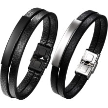 Cupimatch Bracciale in pelle da uomo: bracciale regolabile in acciaio inox con fibbia magnetica a doppio strato in pelle