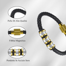 VGROSIA Bracciale Uomo In Pelle Intrecciata Nero Con Acciaio Inox Chiusura Magnetica, Bracciali Uomo Pelle Un Braccialetto Per